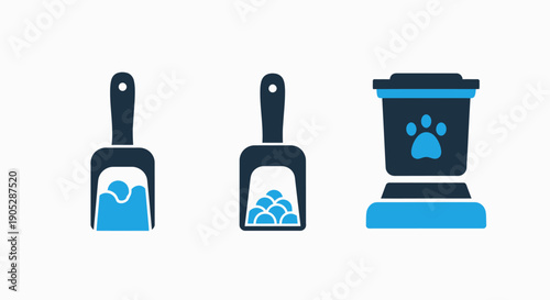 Pet care icons featuring a scoop for litter or food, and an automatic pet feeder with a paw print.