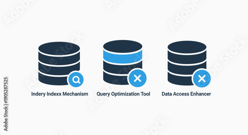 Database icons: search, optimization, and data access. Technology, IT, and Big Data concepts.