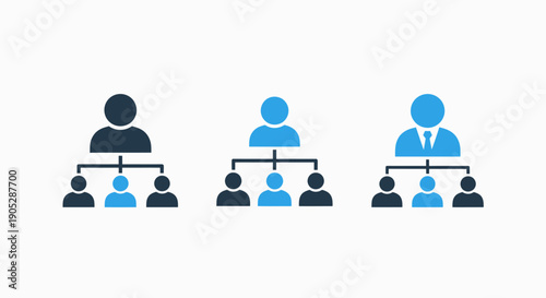 Organizational chart icons showing hierarchy and team structure, from top management to employees.