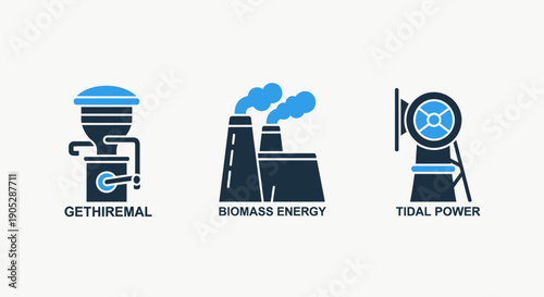 Icons representing geothermal energy, biomass energy production, and tidal power generation.