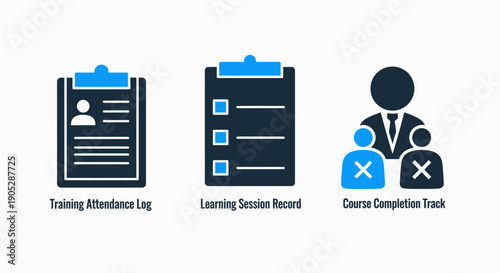 Business training and learning icons: attendance, records, and completion tracking for corporate education and professional development