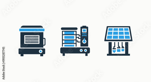 Energy technology icons: oven, battery storage system, and solar panel array for renewable power generation and industrial applications