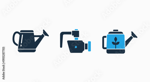 Gardening and agriculture icons: watering can, spray nozzle, and plant for irrigation, growth, and farming concepts