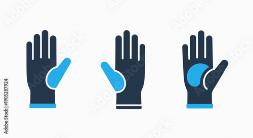 Set of glove icons showing different states: basic, with reinforcement, and with protective padding. Blue and dark blue vector illustrations for safety, sports, or medical use.