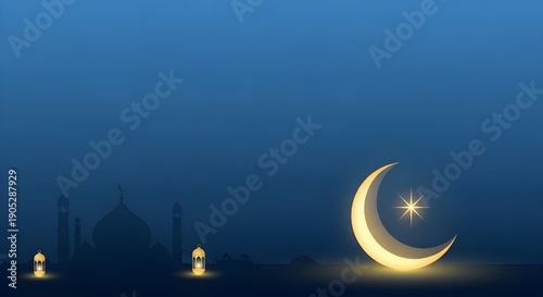 Minimalist Ramadan illustration featuring a glowing crescent moon and subtle mosque silhouette with large copy space and a calm spiritual night atmosphere