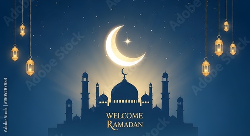 Elegant Ramadan illustration with a glowing crescent moon above a peaceful mosque silhouette, warm golden lanterns, and a calm spiritual night atmosphere