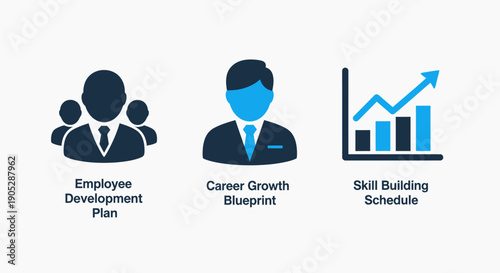 Icons illustrating employee development, career growth blueprints, and skill-building schedules for human resources and professional advancement.