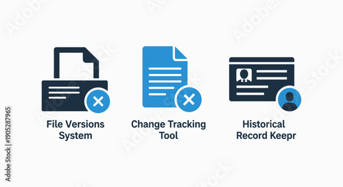 Icons representing file version control, change tracking tools, and historical record keeping for document management and data integrity.
