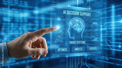 Businessman interacting with AI decision support system on futuristic interface