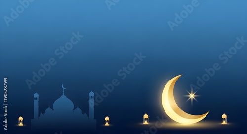 Minimalist Ramadan illustration featuring a glowing crescent moon and subtle mosque silhouette with large copy space and a calm spiritual night atmosphere