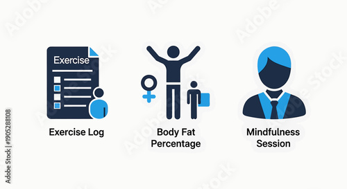 Health and fitness icons: exercise log, body fat percentage, and mindfulness session for personal wellness and tracking.