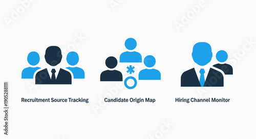 Recruitment and HR icons: tracking recruitment sources, candidate origin map, and hiring channel monitor for talent acquisition.