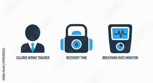 Health and Fitness Monitoring Icons: Calorie Tracker, Recovery Time, Breathing Rate Monitor, Health Metrics