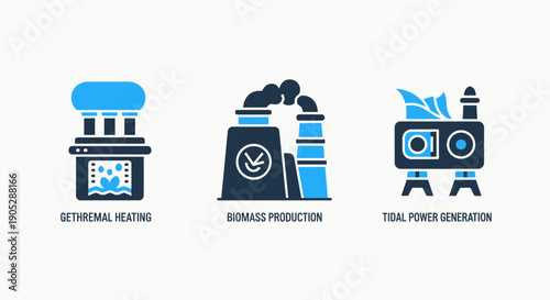 Sustainable Energy Production Icons: Geothermal Heating, Biomass Production, Tidal Power, Eco-friendly