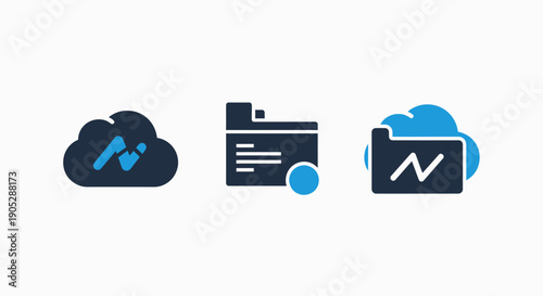 Cloud Data Storage and File Management Icons: Cloud Storage, File Folder, Data Transfer, Digital Archive