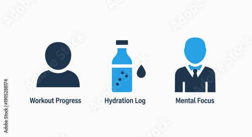 Fitness and Wellness Icons: Workout Progress, Hydration Log, Mental Focus, Healthy Lifestyle