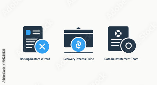 Data recovery icons for backup restoration, recovery process guidance, and data reinstatement, ensuring information safety.