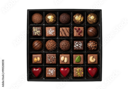Assorted luxury chocolate truffles and pralines in a black gift box isolated on transparent background