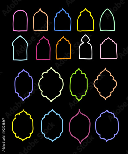 Cute set collections of colorful islamic moslem hand drawn doodle frame border in neon bright vibrant colors illustration