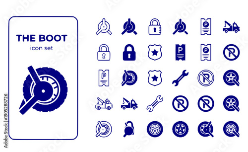 The Boot Wheel-Clamp Denver-Boot Parking-Violation Vehicle-Immobilization Tire-Lock Enforcement-Device Yellow-Clamp Vector Icon Set - Wheel Boot