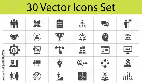 Corporate Business Management and Teamwork Vector Icon Set featuring Leadership Strategy Communication and Human Resources symbols for Professional Office