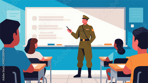 Illustration Of A Veteran Standing In Front Of A Class, Teaching Students The Values Of Discipline And Cooperation Vector Design Template