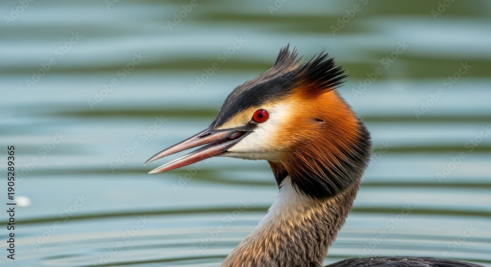 Fototapeta premium A close-up of a Great Crested Grebe's head and neck, floating on water with a blurred background.