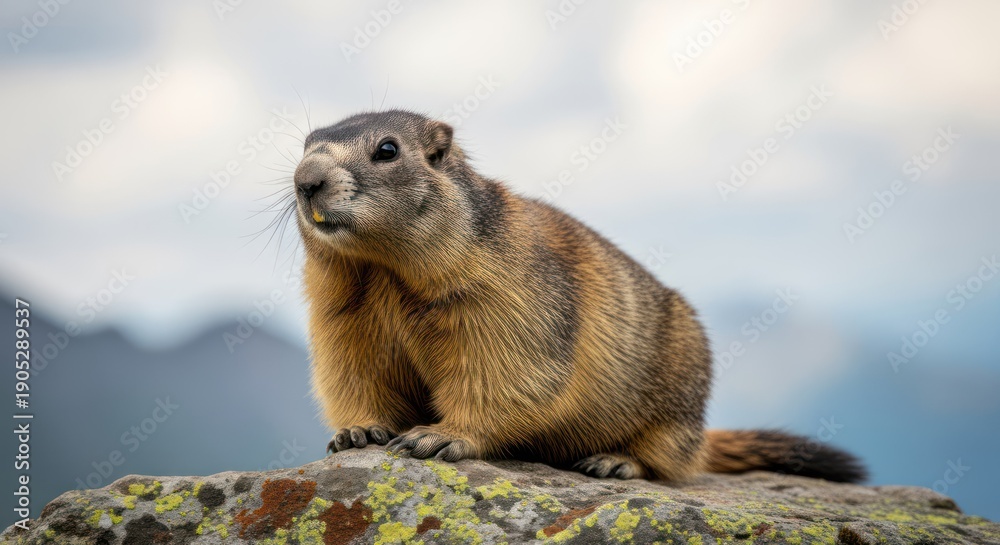Fototapeta premium A groundhog sits on a rock with a mountainous backdrop.
