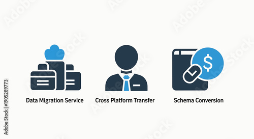 Data Management Icons: Migration, Cross-Platform Transfer, Schema Conversion
