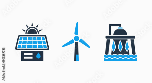 Renewable Energy Icons: Solar, Wind Turbine, and Hydroelectric Power Generation