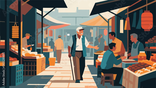 Illustration Of A Veteran Walking In A Traditional Market, Interacting With Traders, Casual Clothes, Local Atmosphere Vector Design Template