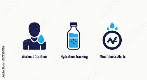 Fitness Tracker Icons: Workout Duration, Hydration Tracking, Mindfulness Alerts for Health Monitoring and Wellness App