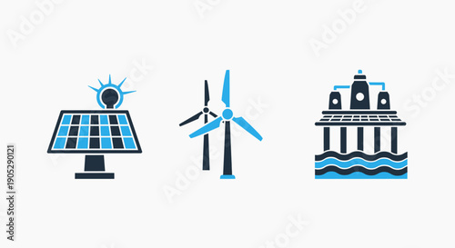 Sustainable Energy Icons: Solar Power, Wind Farm, Hydropower Plant for Eco-Friendly Electricity Generation