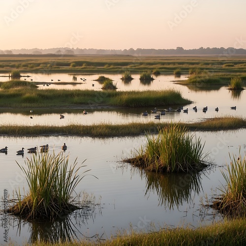 Serene Wetland Landscape with Ducks and Grass Islands at Sunrise