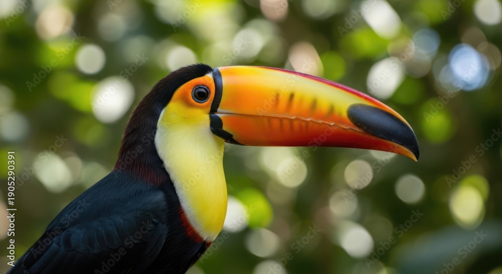 Naklejka premium A close-up of a toucan with a vibrant beak, set against a blurred green background, likely in a natural habitat.