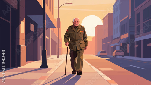 Illustration Of A Veteran Walking Slowly On A City Sidewalk In The Morning, Wearing An Old Military Jacket And A Cane Vector Design Template