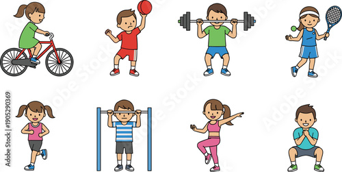 Kids sports activities illustration set, children exercising collection, cycling tennis weightlifting running fitness training cartoon active lifestyle icons