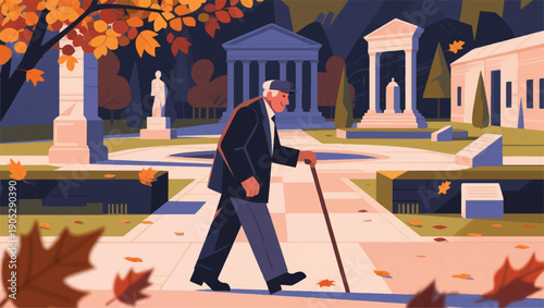 Illustration Of A Veteran Walking Slowly In An Outdoor Museum Area With Historical Monuments, Autumn Leaves, Cane In Hand Vector Design Template