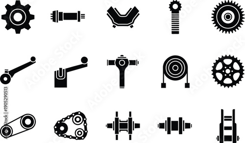 A collection of black silhouette icons representing various bicycle parts and mechanical components
