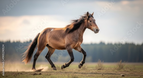 A horse galloping in a field with trees in the background.