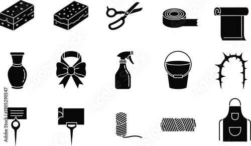A collection of black and white icons representing various household, gardening, and cleaning tools and objects