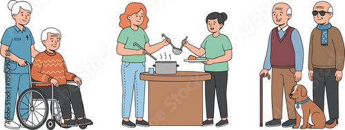 Senior caregiving illustration set, elderly assistance lifestyle collection, wheelchair support cooking help companionship healthcare active aging cartoon icons