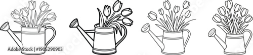 Line art illustrations of watering cans overflowing with blooming tulips, perfect for spring gardening themes.