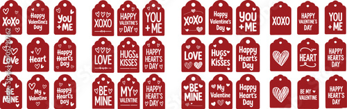 Variety of Valentine's Day themed tags and labels with 'XOXO', 'Love', 'Be Mine', 'Hugs', and 'Heart' messages.