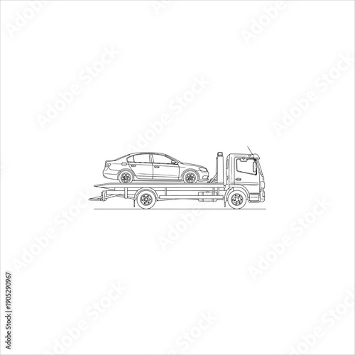 Tow Truck Transporting Car on Flatbed Trailer in Simple Line Art
