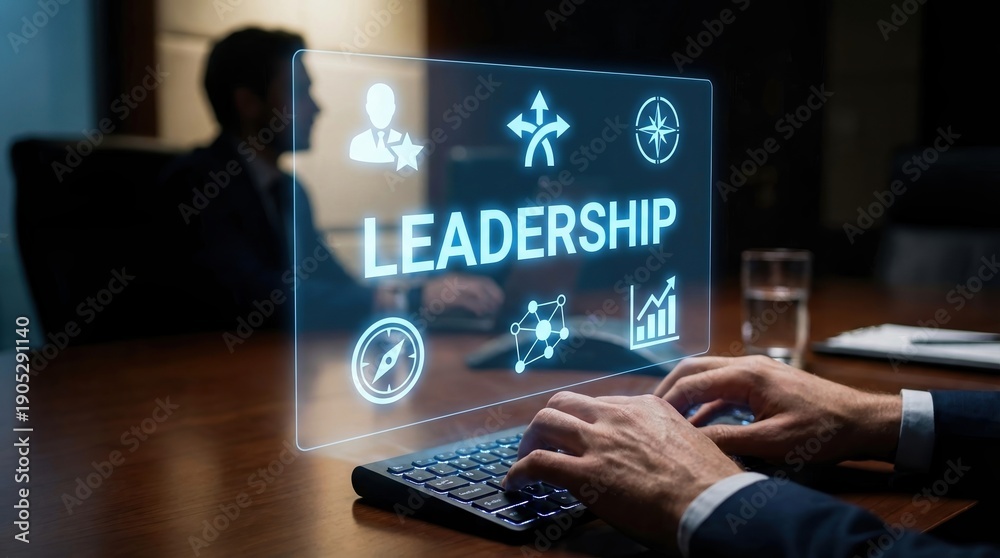 Fototapeta premium Leadership business technology management strategy digital innovation professional businessman hands typing on keyboard with glowing holographic interface in a modern dark office workspace.