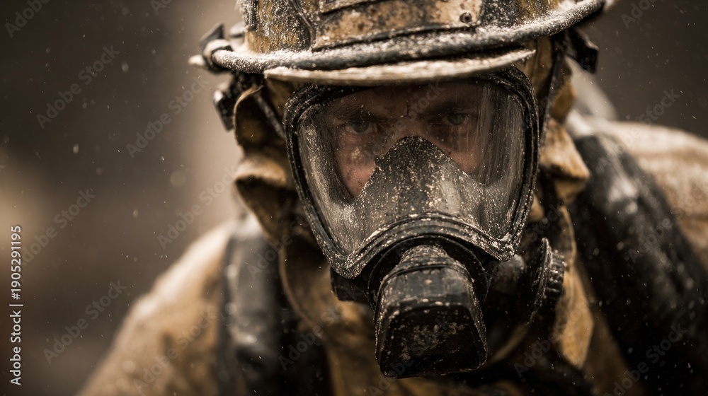 Fototapeta premium A Resilient Warrior in Protective Gear Facing Adversity in a Challenging Environment