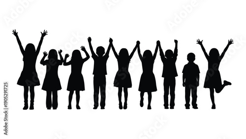 Group of people with raised arms in silhouette against a white background Vector