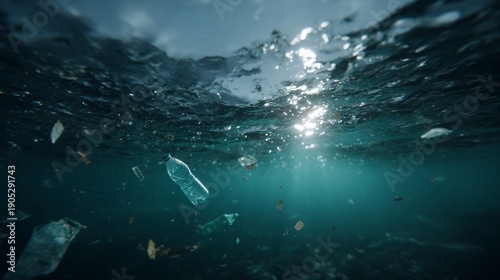 Plastic waste pollution floating in ocean water, underwater ecosystem