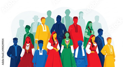 Diverse group of people in colorful traditional clothing standing together in unity and solidarity with blurred background